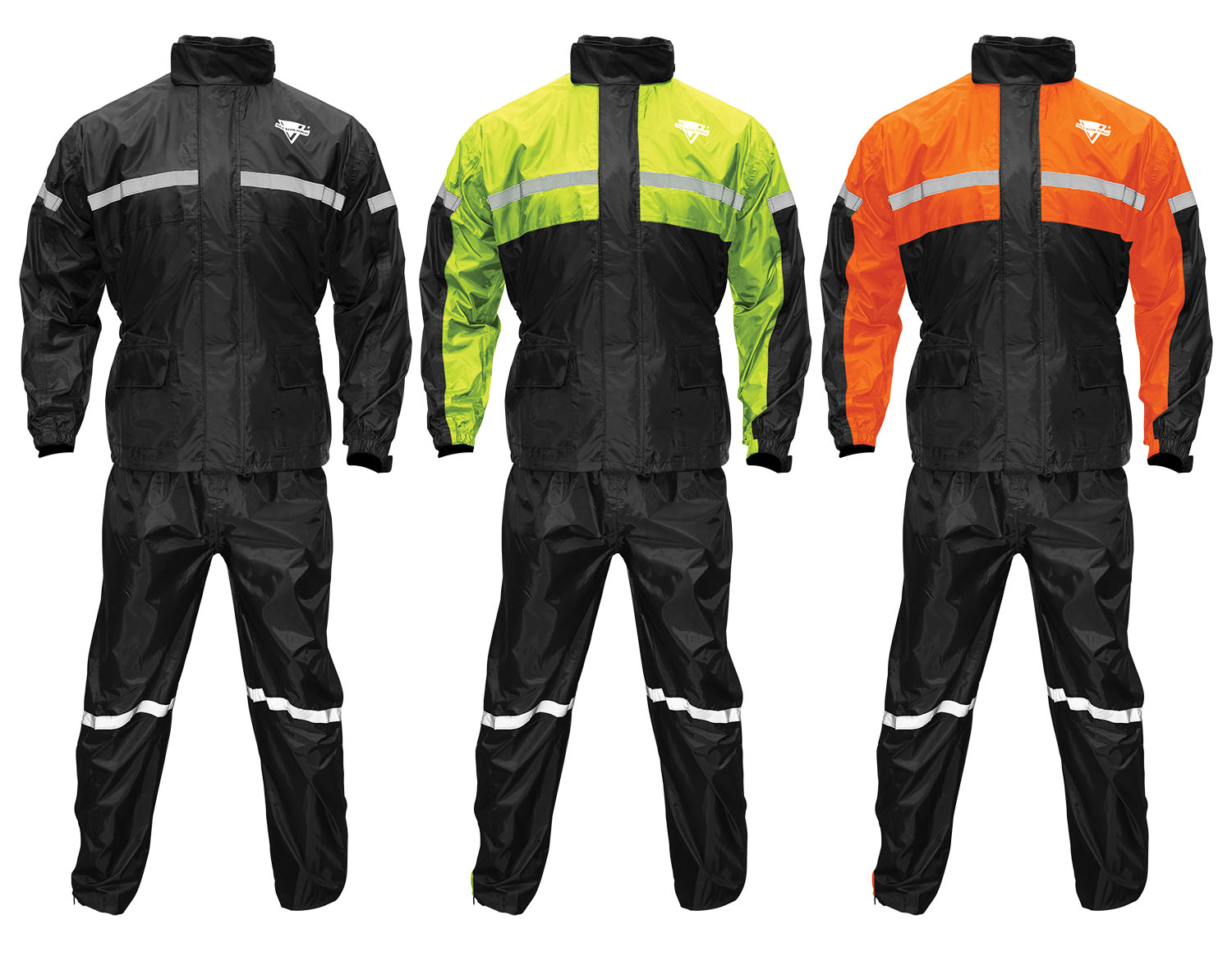 Photo showing StormRider rainsuit (Pants and jacket) in Black, Hi-Vis Yellow, and Orange on white background - front view